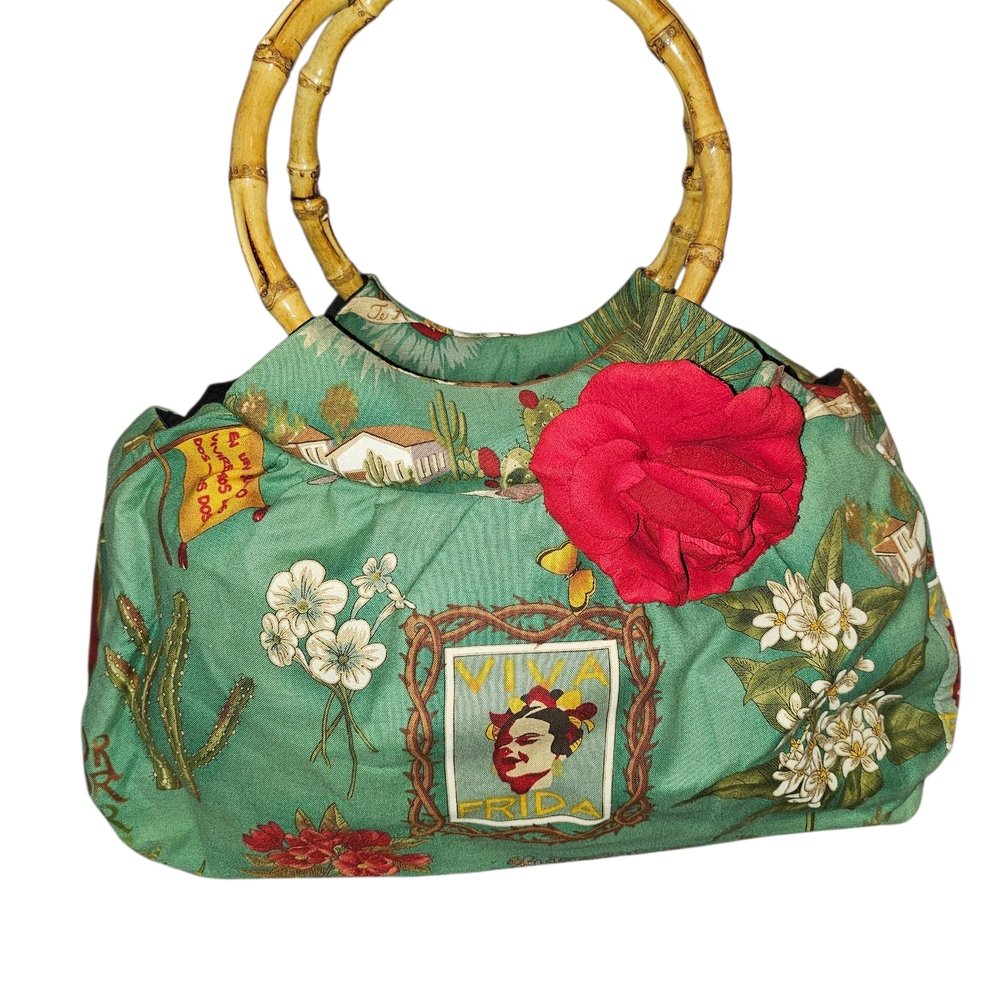 Mis Cositas Frida Kahlo w removable Flower Pin Handbag with Bamboo Handles